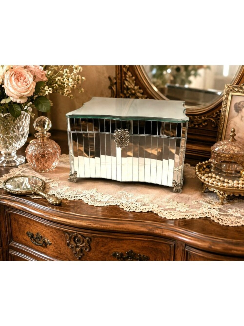 Bombay Mirrored Jewelry Box Hinged Lid Velvet Lining & Compartments Silver Black